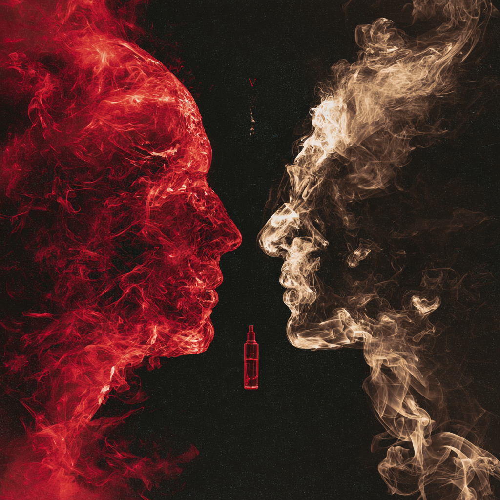 Abstract faces formed by smoke in contrasting colors.