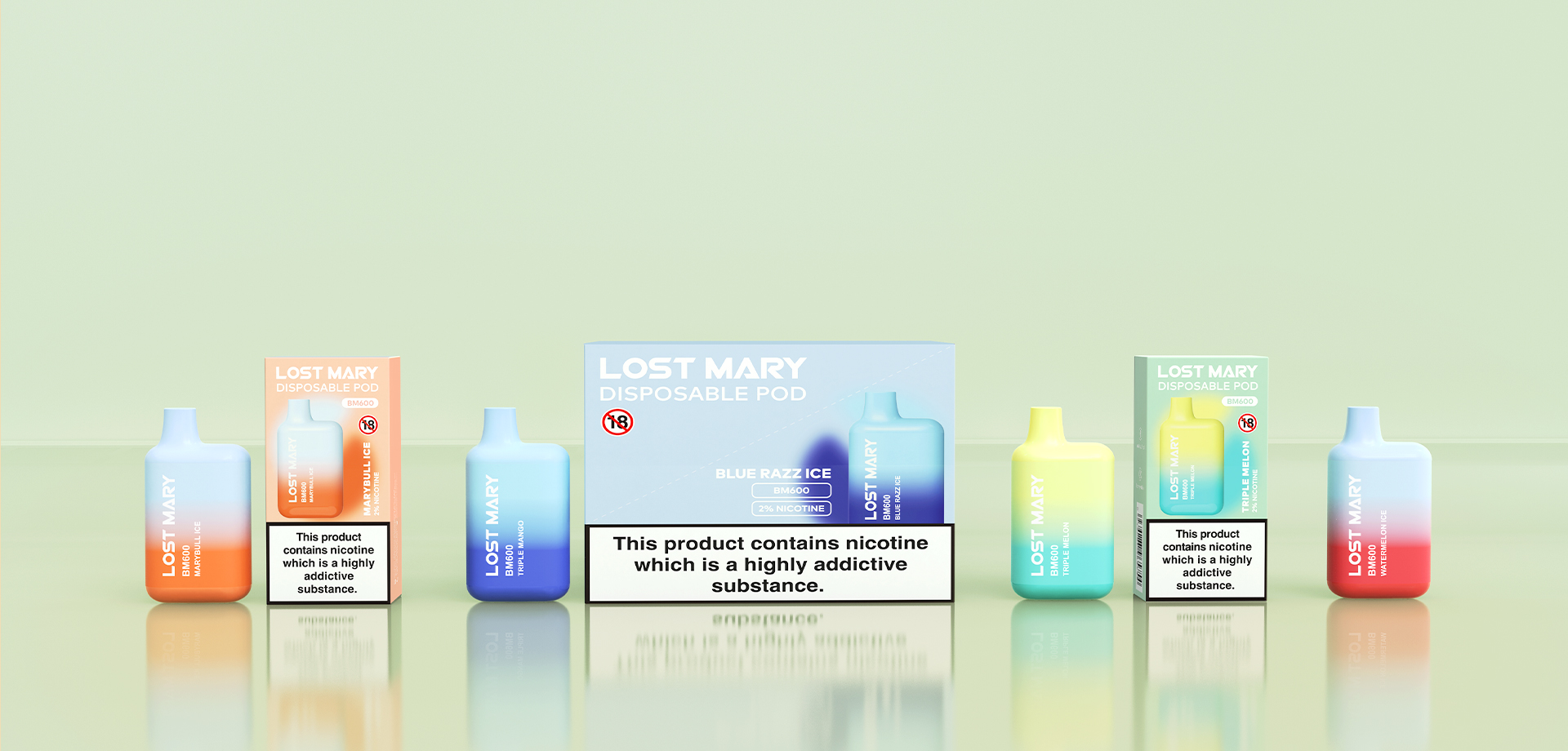 Variety of Lost Mary disposable vape products displayed.