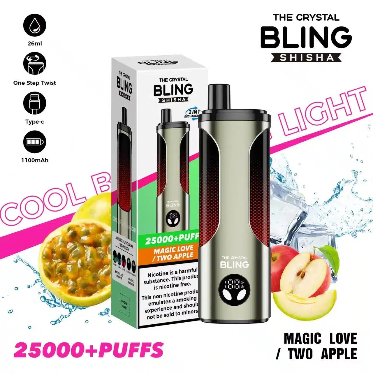 THE CRYSTAL BLING SHISHA25000PUFF MAGIC LOVE TWO APPLE