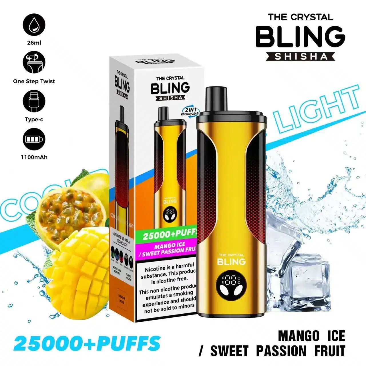 THE CRYSTAL BLING SHISHA25000PUFF MANGO ICE SWEET PASSION FRU