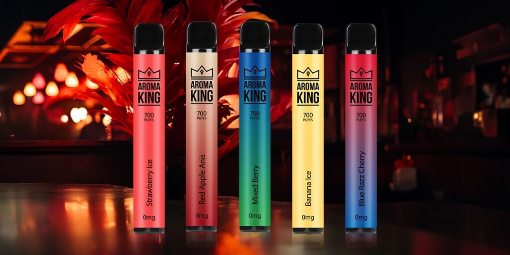 Assorted Aroma King vape flavors displayed on bar.