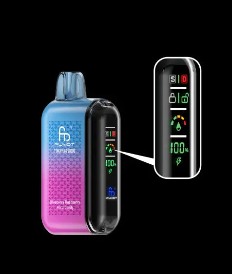 Vape device with battery and usage indicators.