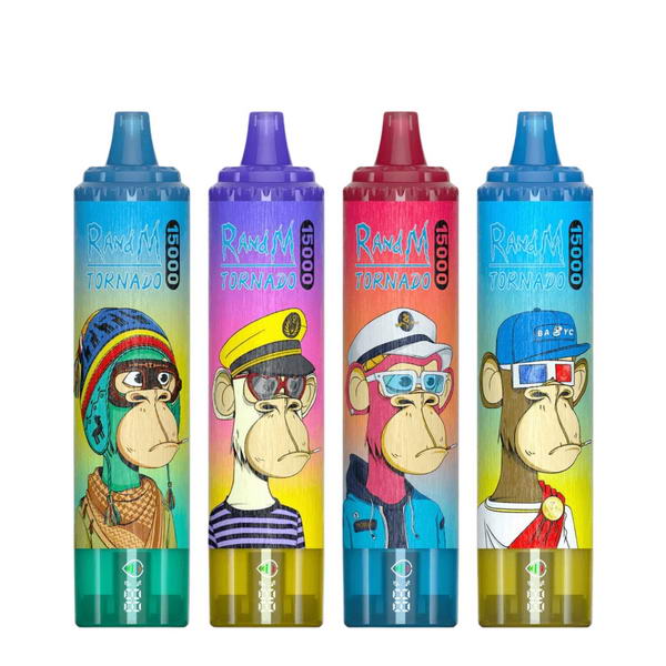 Four colorful vape devices with cartoon monkey characters.
