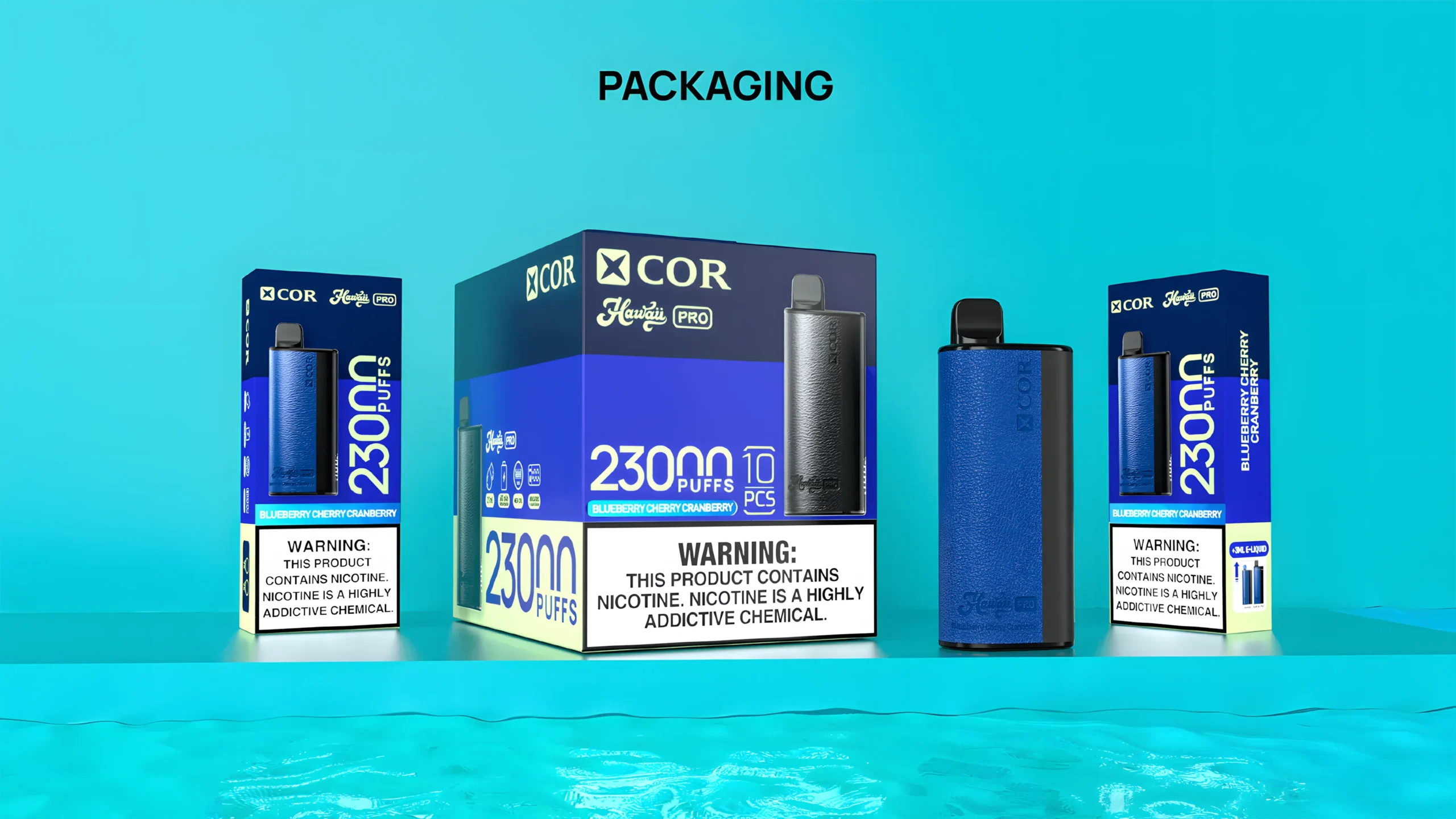 Packaging for COR Hawaii Pro vape products.