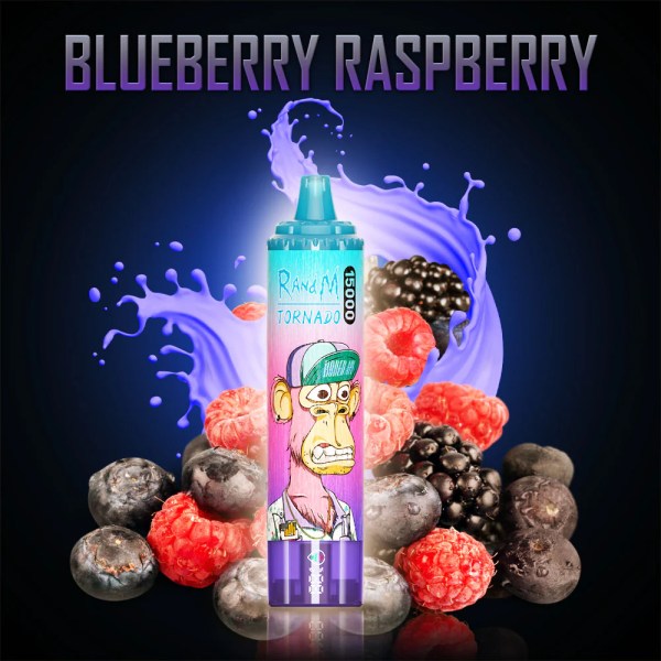 Blueberry raspberry flavored vape with vibrant fruit backdrop.