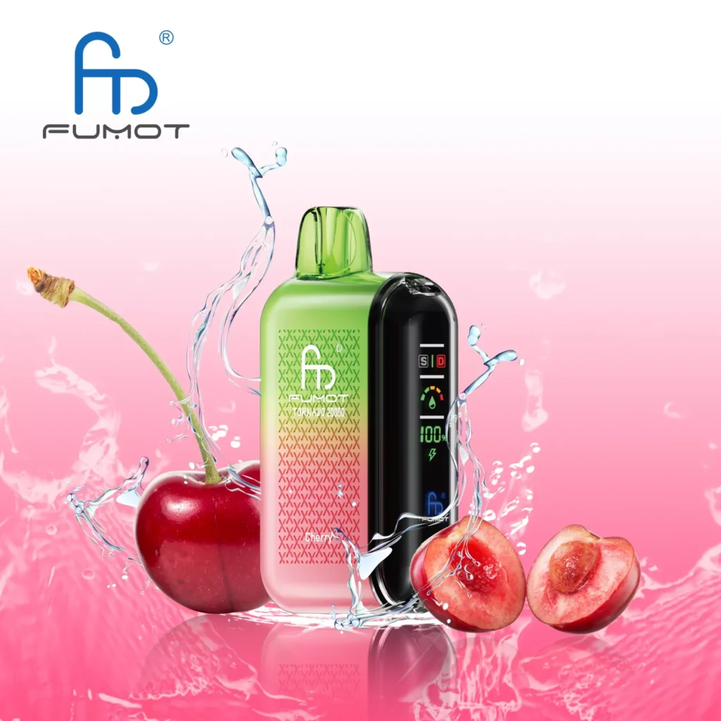Colorful vape device with cherry and water splashes.