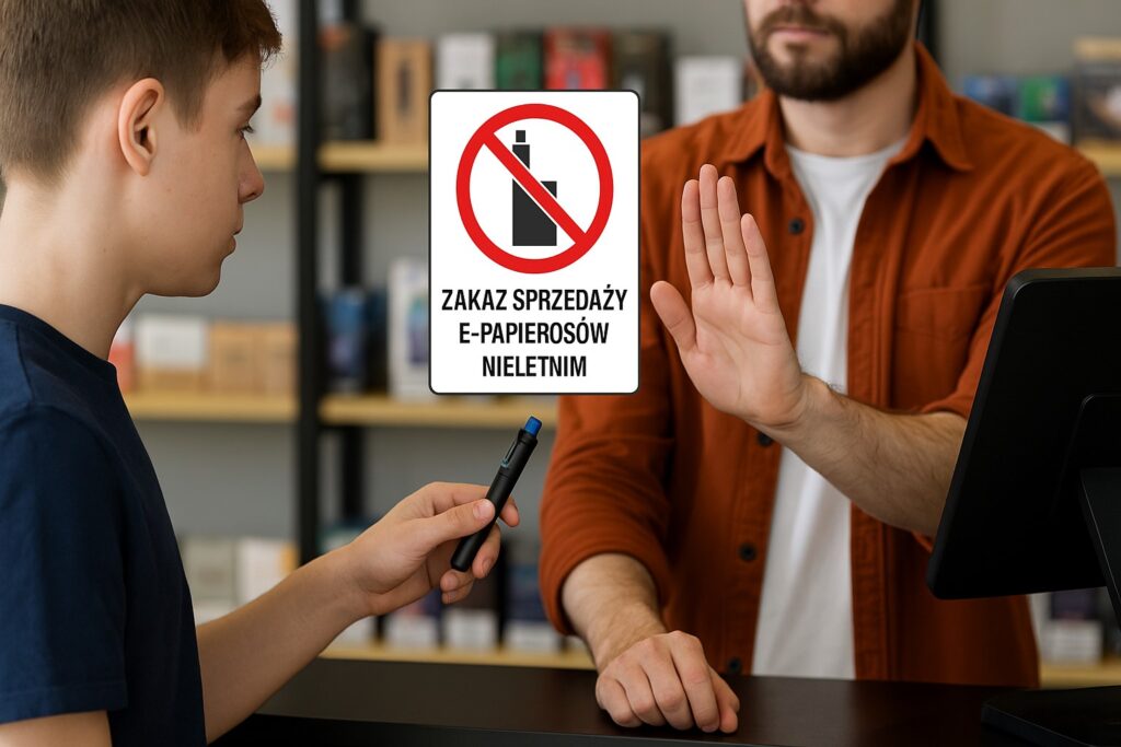 Young person approaches counter, sign prohibits sales.