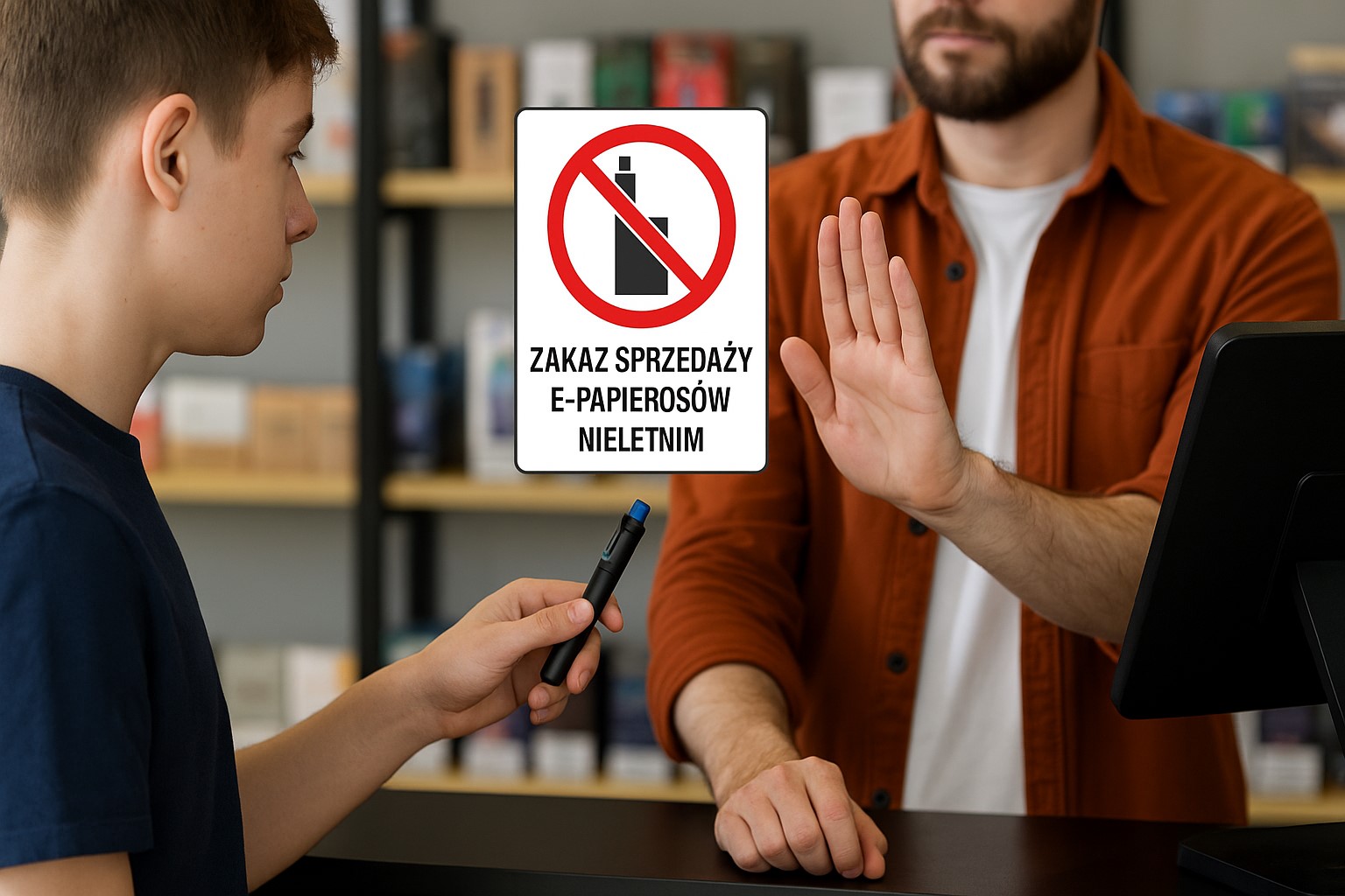 Young person approaches counter, sign prohibits sales.