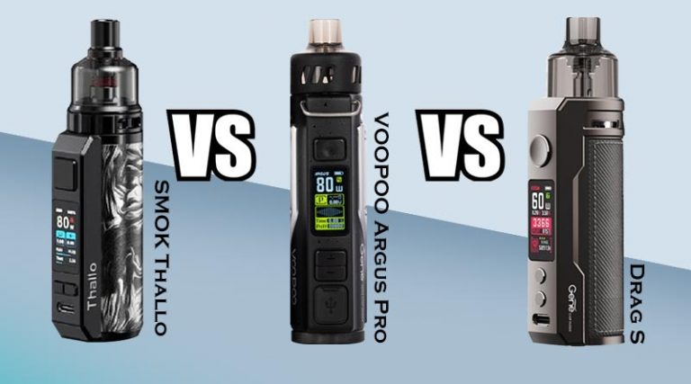 Infografika lub stylizowana tabela przedstawiająca najważniejsze cechy techniczne Voopoo Drag S i Argus Pro, takie jak wymiary, moc, bateria.