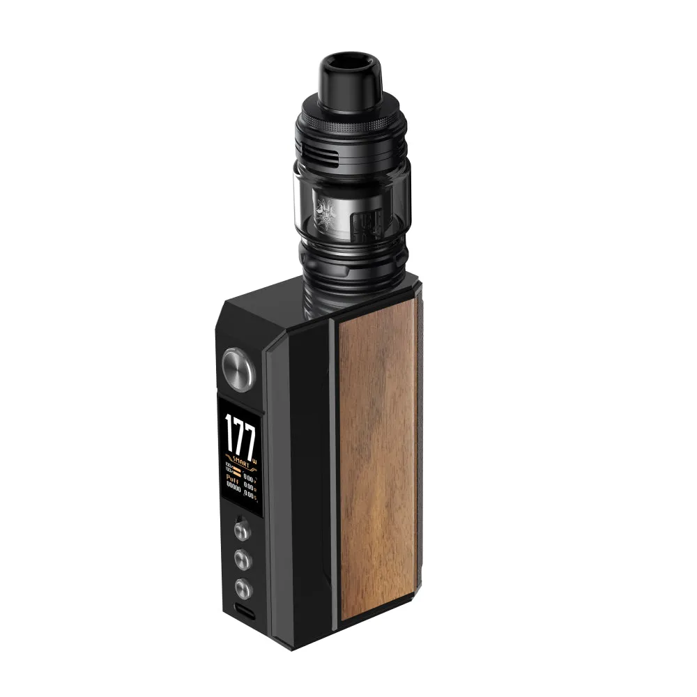 Elegancki Voopoo Drag 4 z widocznym panelem z prawdziwego drewna lub żywicy oraz solidną obudową ze stopu cynku, podkreślający luksusowy design.