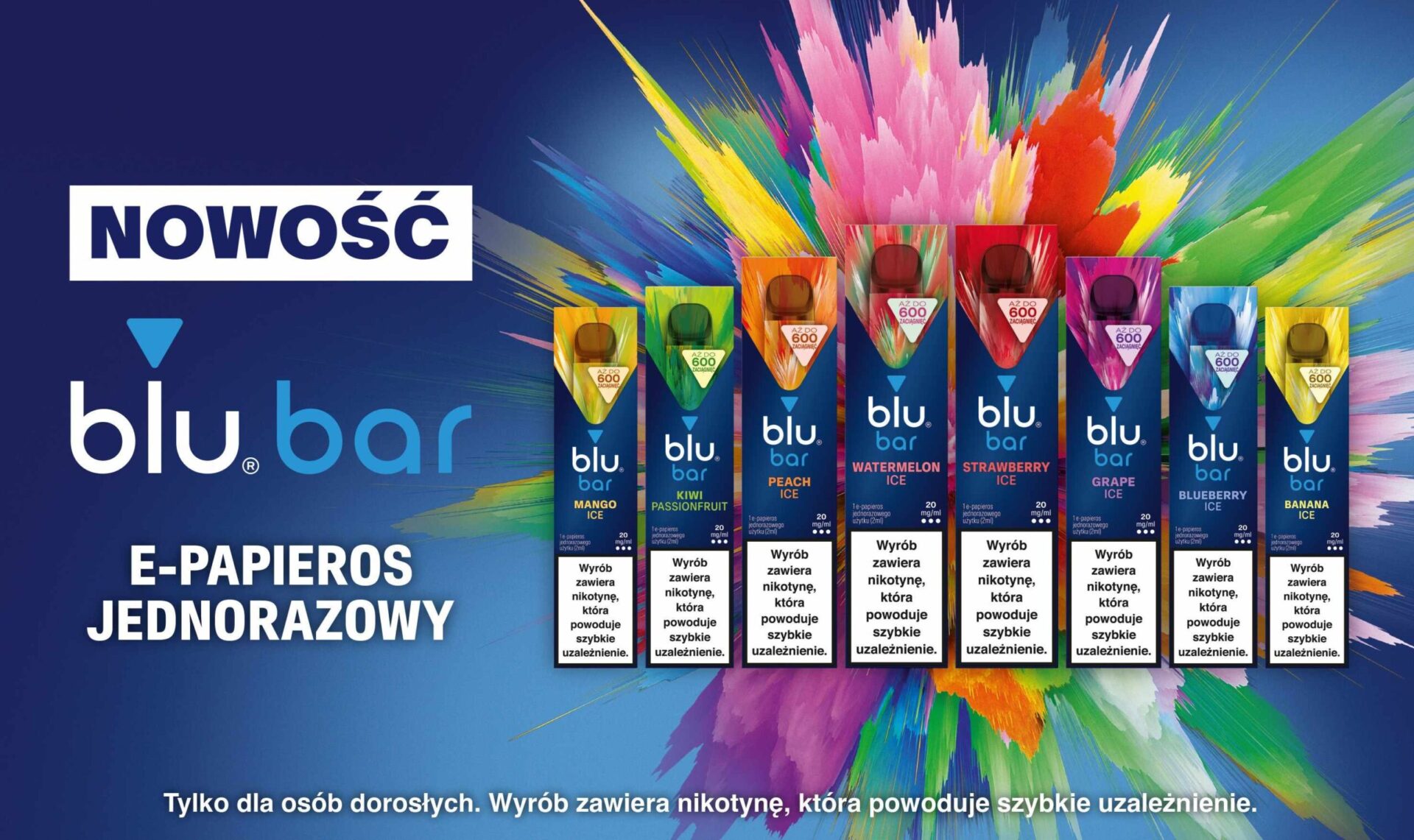 E-papieros jednorazowy na tle półki sklepowej w Żabce.