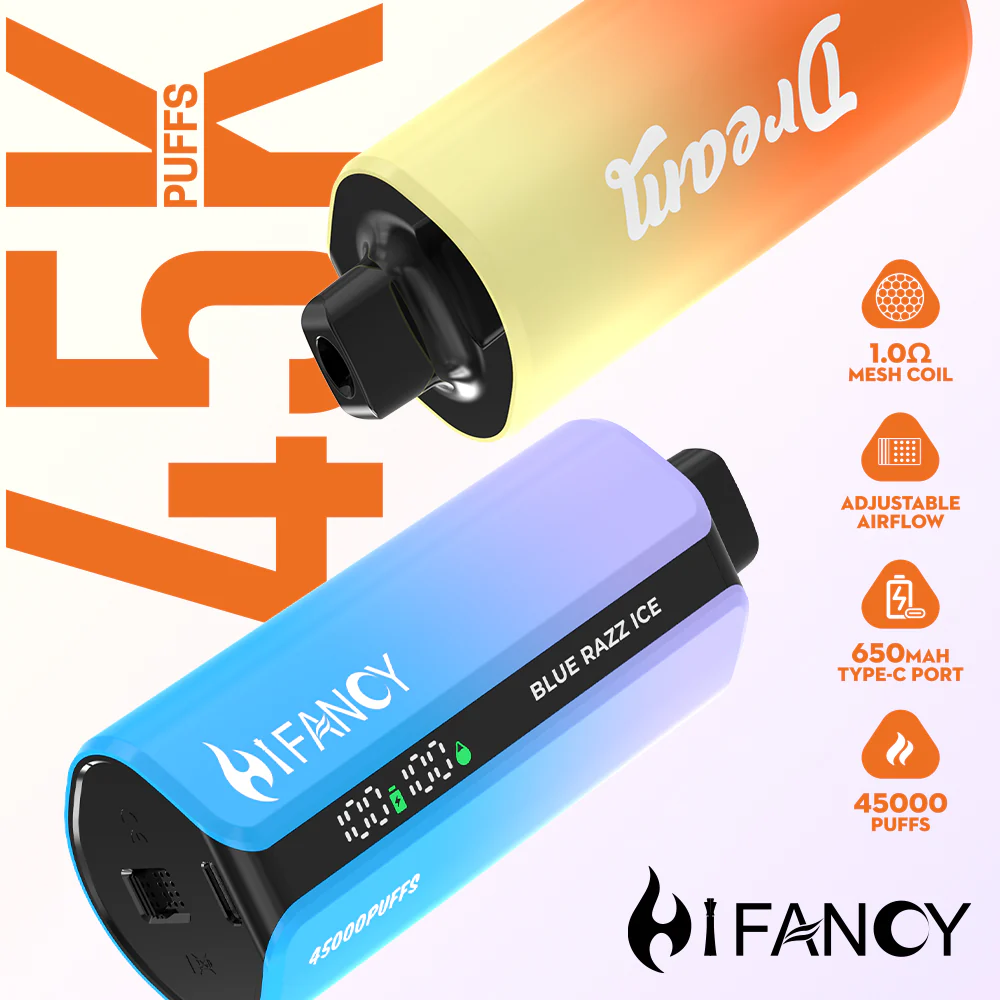 Zbliżenie na ekran e-papierosa HIFANCY DREAM 45000 Puffs, pokazujące wskaźniki poziomu baterii i liquidu.