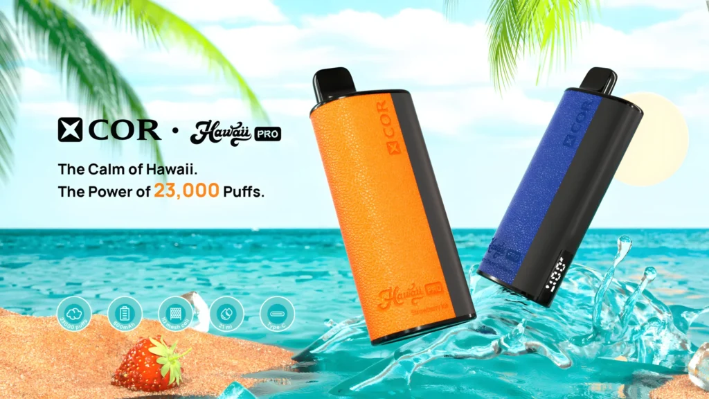 e-papieros jednorazowy,xcor hawaii pro,23000 puffs,test,recenzja,e-liquid,bateria,mesh coil,smaki,wydajność