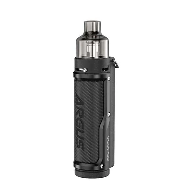 Szczegółowe zdjęcie e-papierosa Voopoo Argus Pro, ukazujące jego wytrzymałą, gumową obudowę oraz metalowy zaczep na smycz.