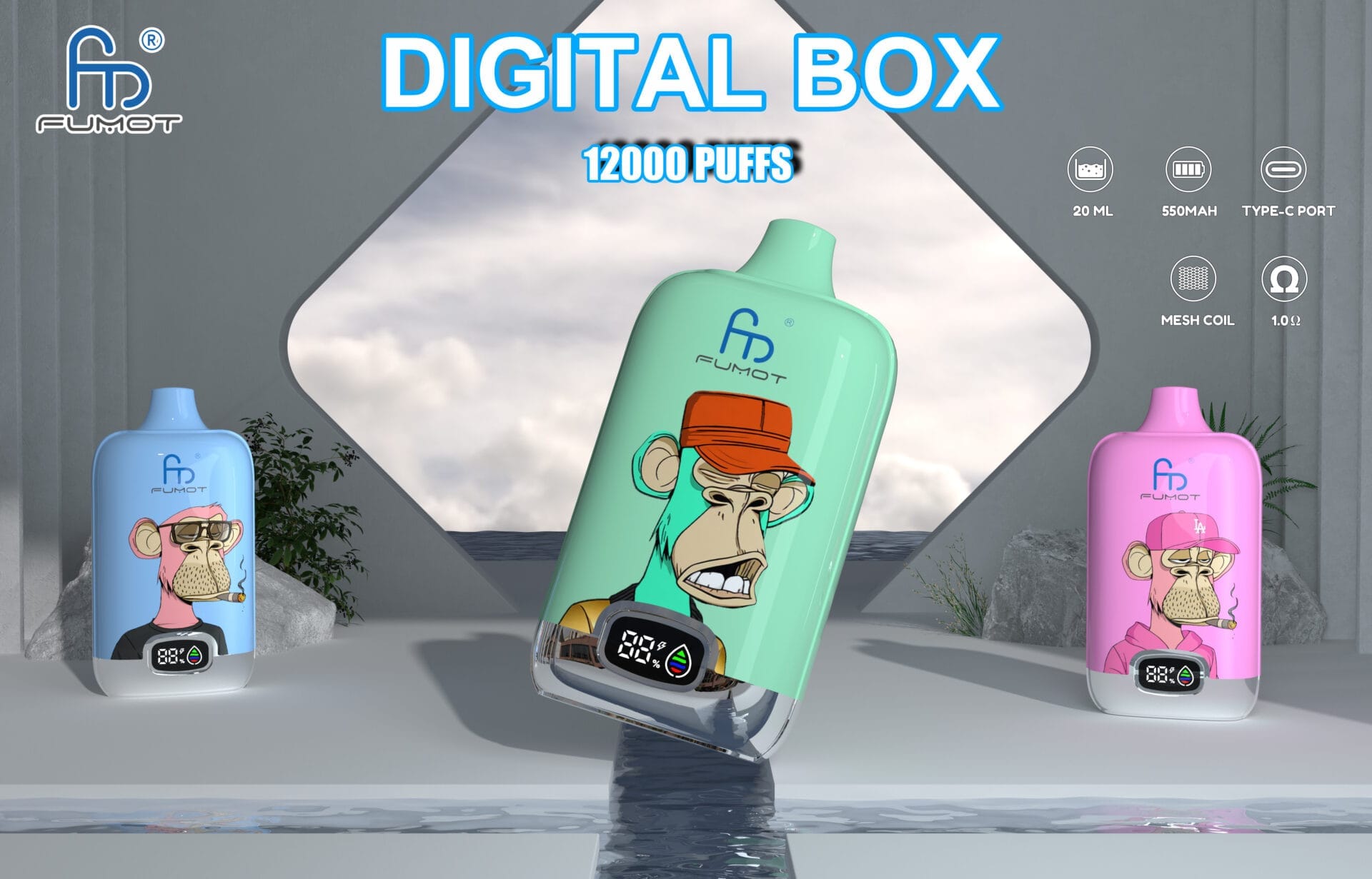Zbliżenie na płaski ustnik e-papierosa Fumot Digital Box 12000 oraz na okrągły ustnik RandM Tornado 15000, ukazujące ich różnice w kształcie.