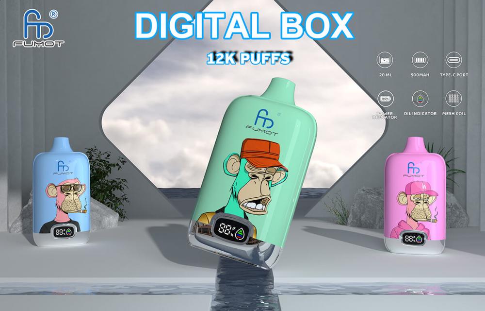 Zdjęcie e-papierosa Fumot Digital Box z wyraźnym, cyfrowym ekranem i minimalistycznym, ergonomicznym designem, podkreślającym jego technologiczny charakter.