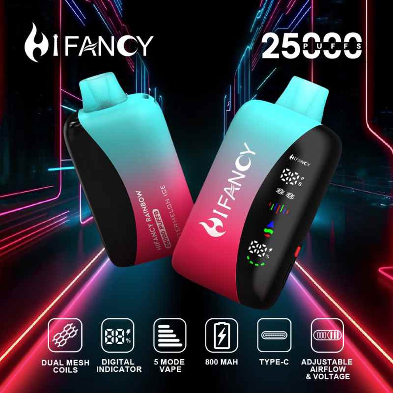Dwa e-papierosy HIFANCY, model 25K i 30K, stojące obok siebie na półce, z widocznymi identycznymi ekranami, podkreślające ich wizualne podobieństwo.
