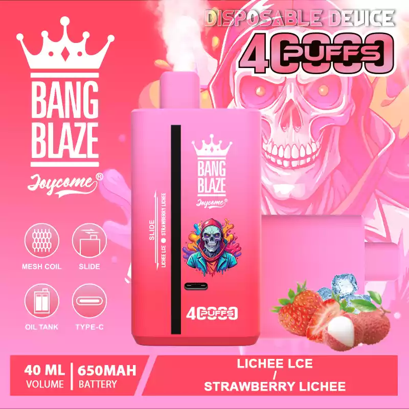 Graficzne przedstawienie smaku wiśniowego i wiśniowej coli, z e-papierosem Bang Blaze 40000 w tle.