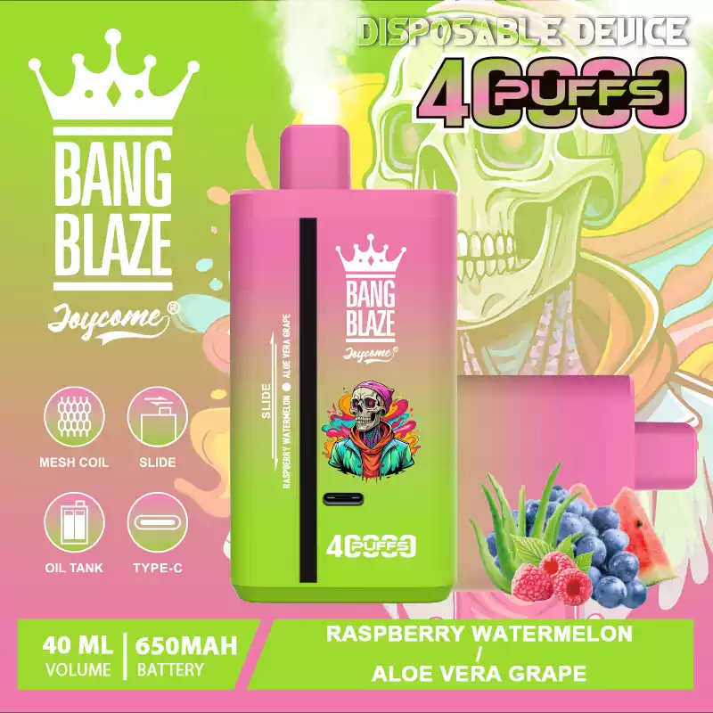 Graficzne przedstawienie smaku wiśniowego i wiśniowej coli, z e-papierosem Bang Blaze 40000 w tle.