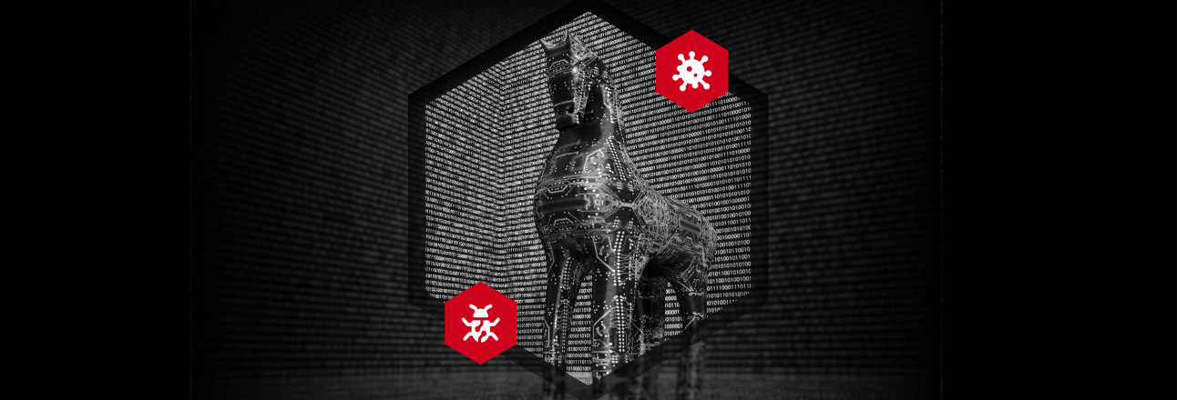 Dłoń trzymająca e-papierosa, z którego unosi się chmura pary, a w niej subtelnie zarysowuje się wizerunek drewnianego konia trojańskiego, symbolizujący podstępne i niewidoczne zagrożenie.