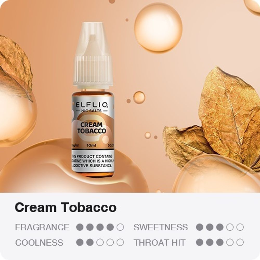 Liście tytoniu i kropla kremu lub mleka obok Hifancy 25K, przedstawiające smak Cream Tobacco.