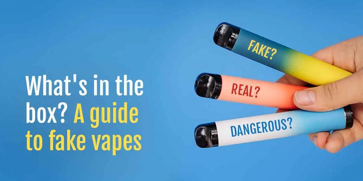 Znak ostrzegawczy lub ikona przekreślonego fałszywego produktu obok oryginalnego e-papierosa, symbolizujące ryzyko podróbek i niebezpieczeństwo.