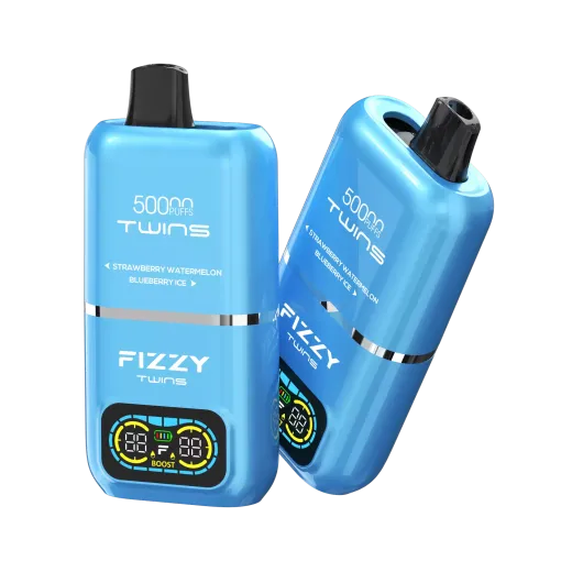Nowoczesny e-papieros Fizzy Twins 50k na tle symbolizującym innowację i odkrycia, z iskrami lub falami energii, podkreślający odwagę w eksplorowaniu nowych smaków.