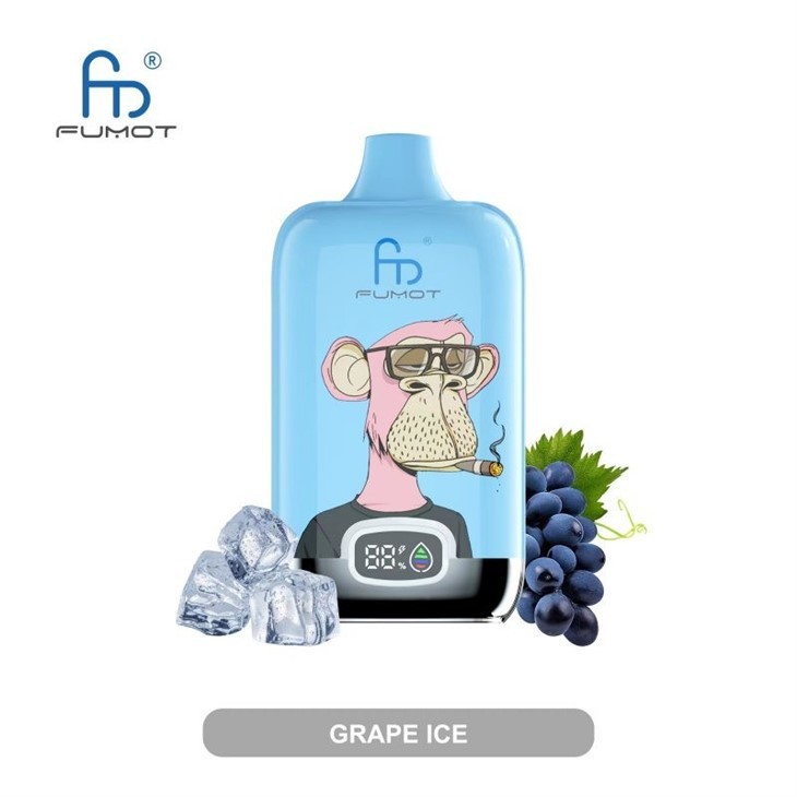 Zbliżenie na e-papieros Fumot Digital Box 20000, z wyraźnie widocznym cyfrowym ekranem pokazującym poziom baterii i liquidu.
