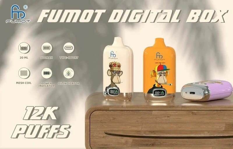 E-papieros Fumot Tornado w kieszeni, z abstrakcyjnym, futurystycznym wzorem przypominającym kosmitę.