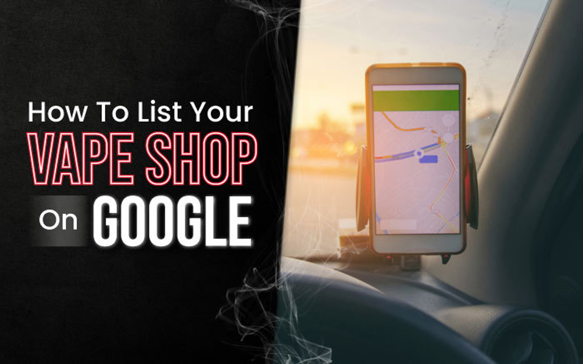 Osoba trzymająca smartfon i szukająca sklep z e-papierosami w aplikacji Google Maps, z zepsutym e-papierosem leżącym obok.