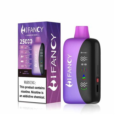 Bliskie ujęcie inteligentnego ekranu LED na e-papierosie Hifancy 25K, wyraźnie pokazujące poziomy płynu i baterii.