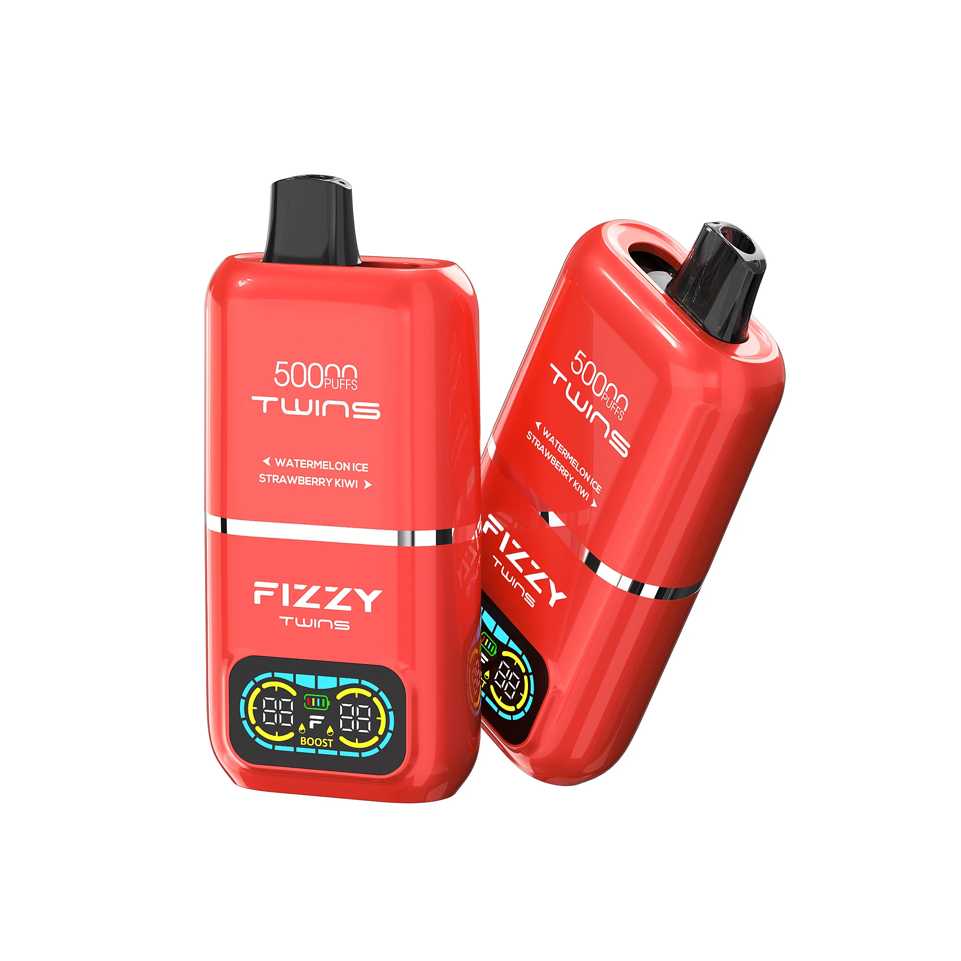Urządzenie Fizzy Twins 50k Puffs z oznaczeniem Srebrny Medalista, otoczone kawałkami truskawek, kiwi, ananasa i kokosa, na tle tropikalnej plaży lub wakacji.