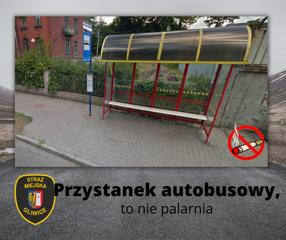 Przystanek autobusowy z widocznym znakiem zakazu vapowania lub osobą otrzymującą mandat.