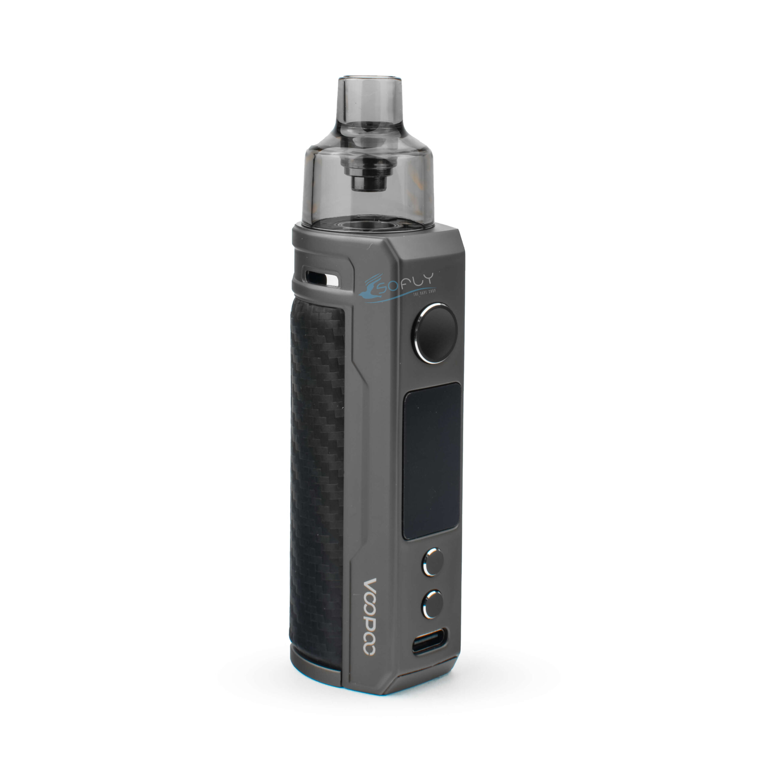 Zbliżenie na Voopoo Drag S, ukazujące jego połączenie metalu i miękkiej skóry, podkreślające elegancję i kompaktowość.