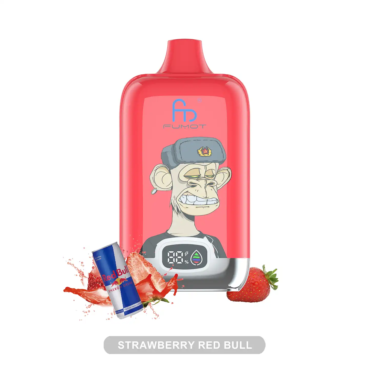 Obraz łączący elementy truskawek, puszki napoju energetycznego Red Bull i e-papierosa Fumot 15000, ilustrujący smak Strawberry Red Bull.