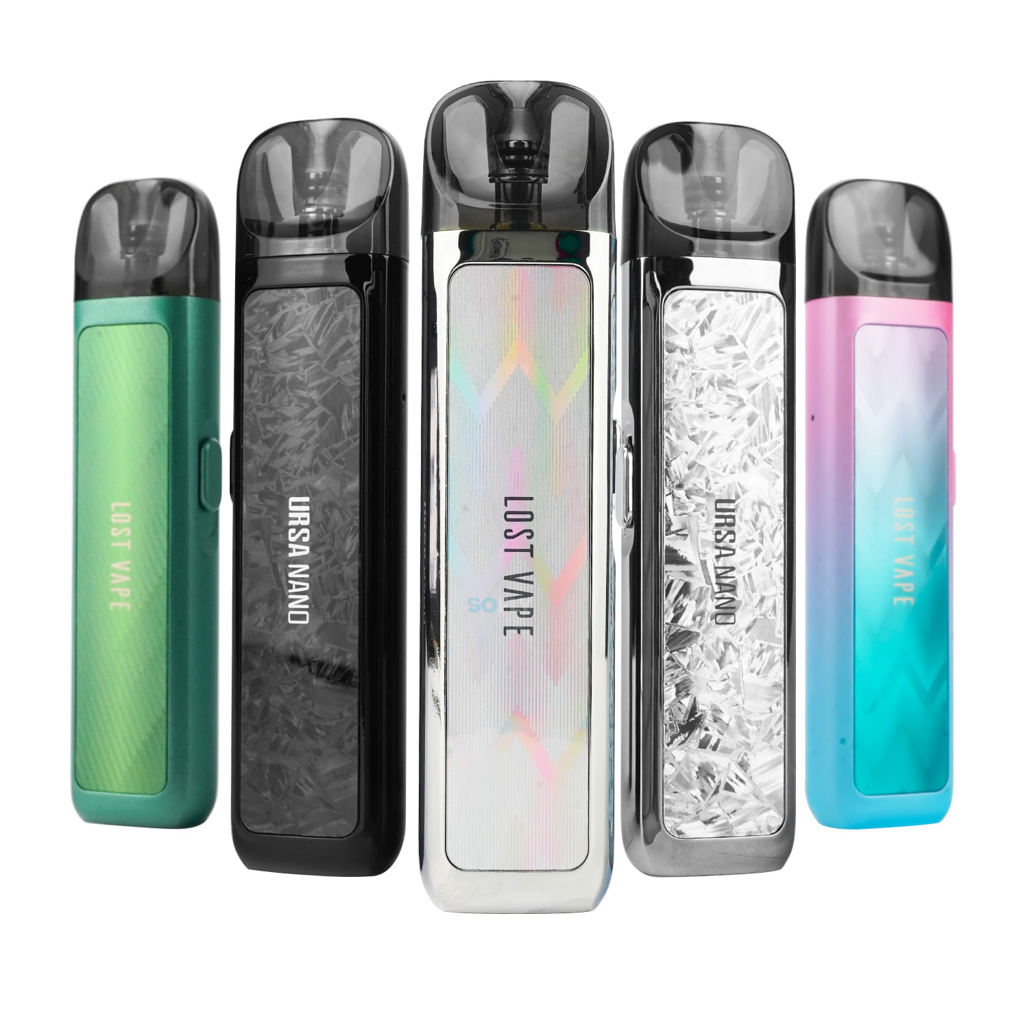 Różnorodna kolekcja popularnych urządzeń vape typu pod i AIO, takich jak Vaporesso XROS, Lost Vape Ursa Nano i OXVA Xlim, w wielu kolorach, prezentowana na półce.