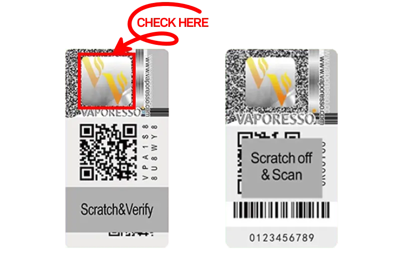 Porównanie oryginalnego e-papierosa obok podróbki, z kodem QR do zeskanowania w celu weryfikacji autentyczności produktu.