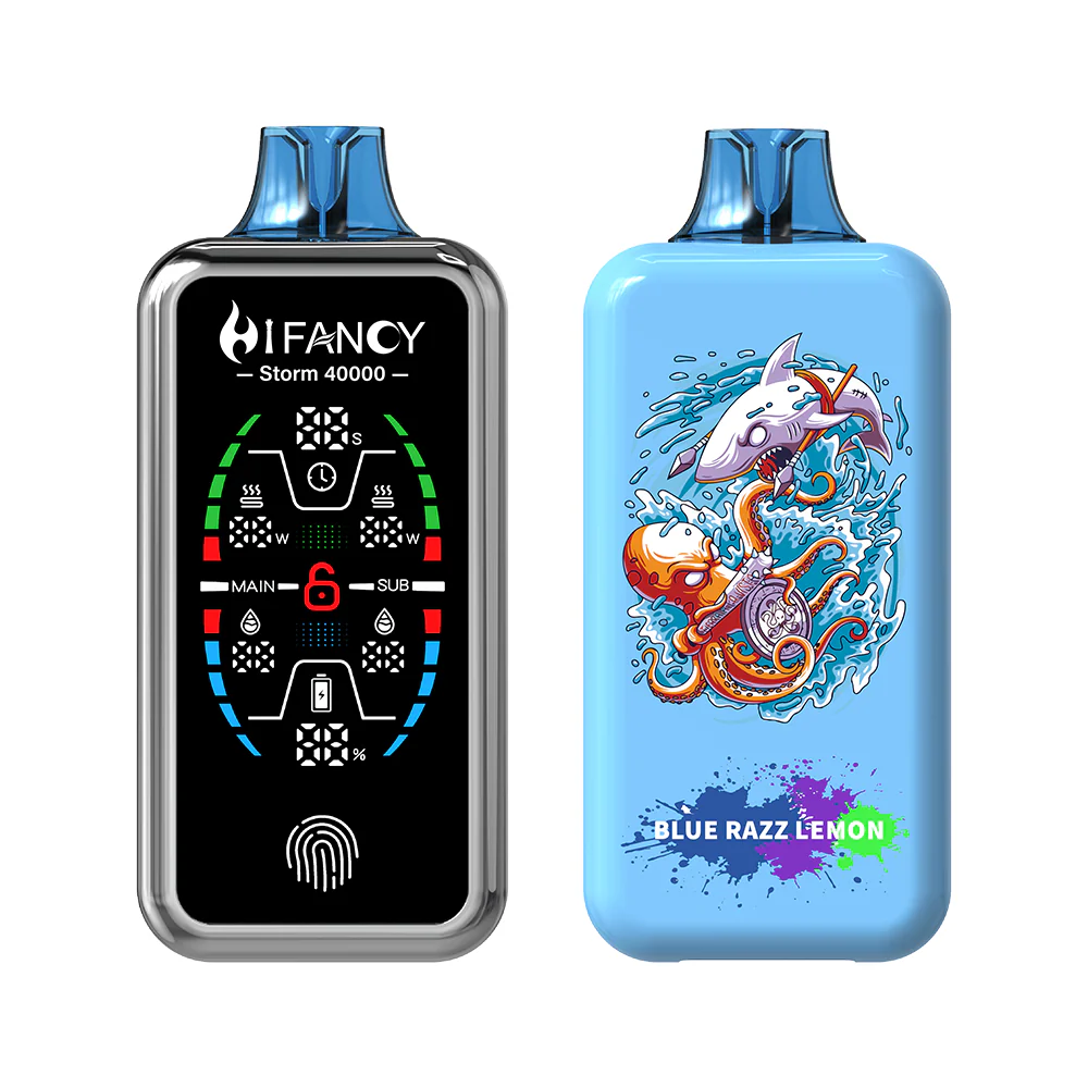 Grafika przedstawiająca e-papierosa HIFANCY 45000 jako giganta (Goliata) w porównaniu do mniejszych, standardowych e-papierosów, z ikoną boksu.