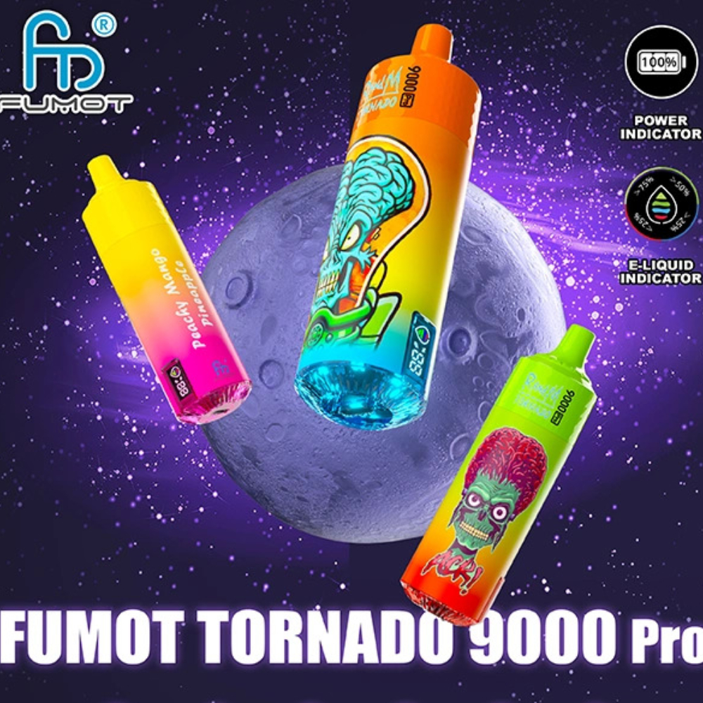 E-papieros jednorazowy Fumot Tornado z intensywnym oświetleniem RGB, widocznym podczas użytkowania w ciemniejszym otoczeniu, podkreślającym imprezowy charakter.
