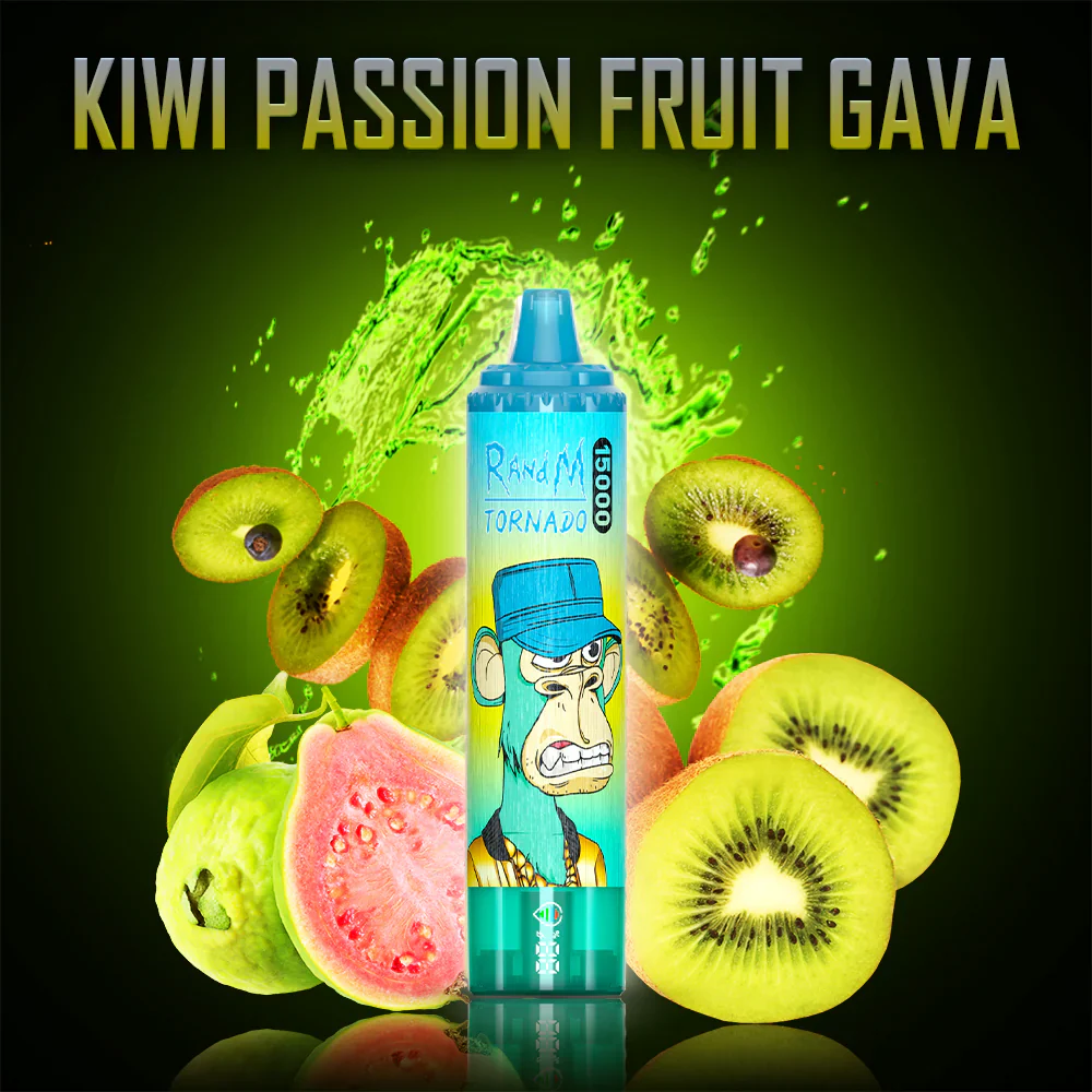 E-papieros Fumot Kiwi Passion Fruit Guava w otoczeniu pokrojonych owoców kiwi, marakui i gujawy.