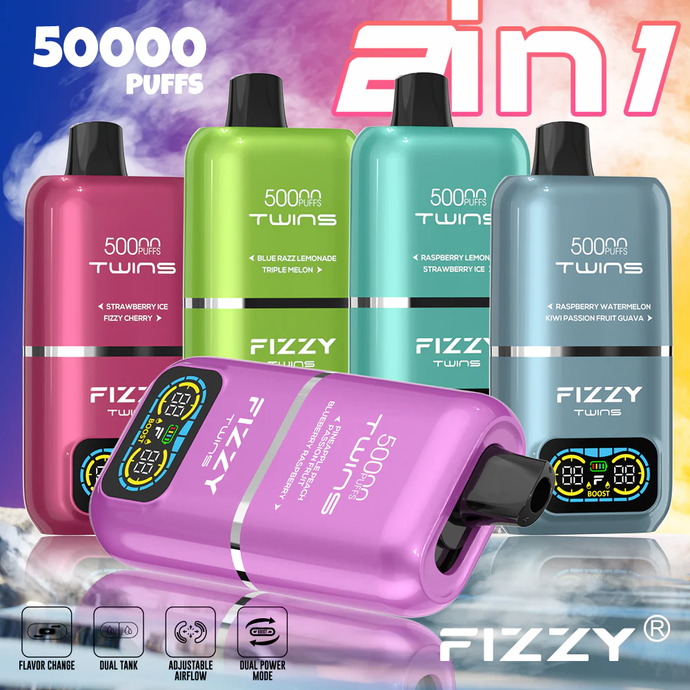 Pudełko e-papierosa Fizzy Twins 50000 z wyraźnie widoczną naklejką ze zdrapką (scratch-off) i kodem QR do weryfikacji autentyczności produktu.