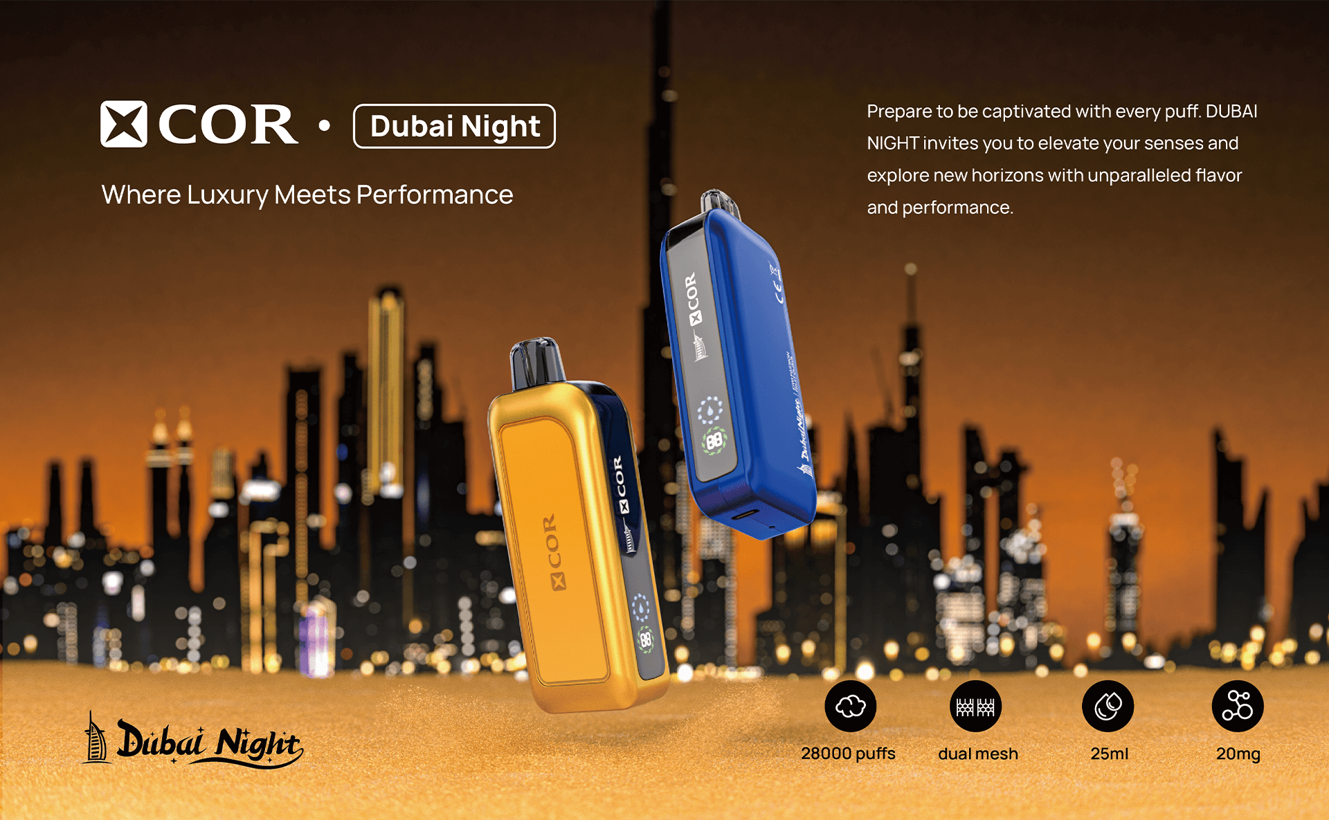 Elegancki e-papieros XCOR Dubai Night 28000 w otoczeniu symbolizującym luksus Dubaju, np. na tle drapaczy chmur lub złotych elementów.