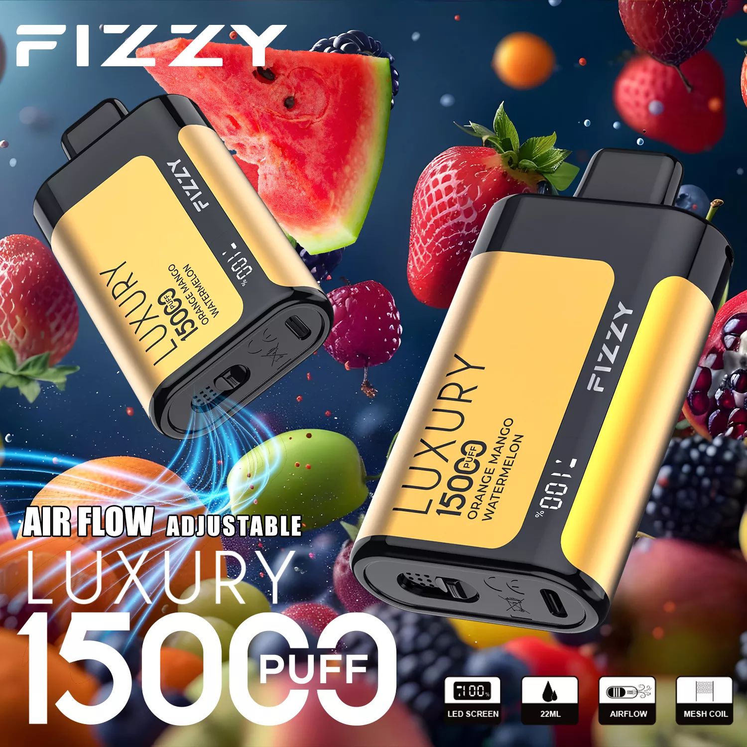 Zestawienie trzech różnych modeli jednorazowych e-papierosów Fizzy: Great 10000, Pandora 12000 i Luxury 15000, prezentujące ich design i różnice.