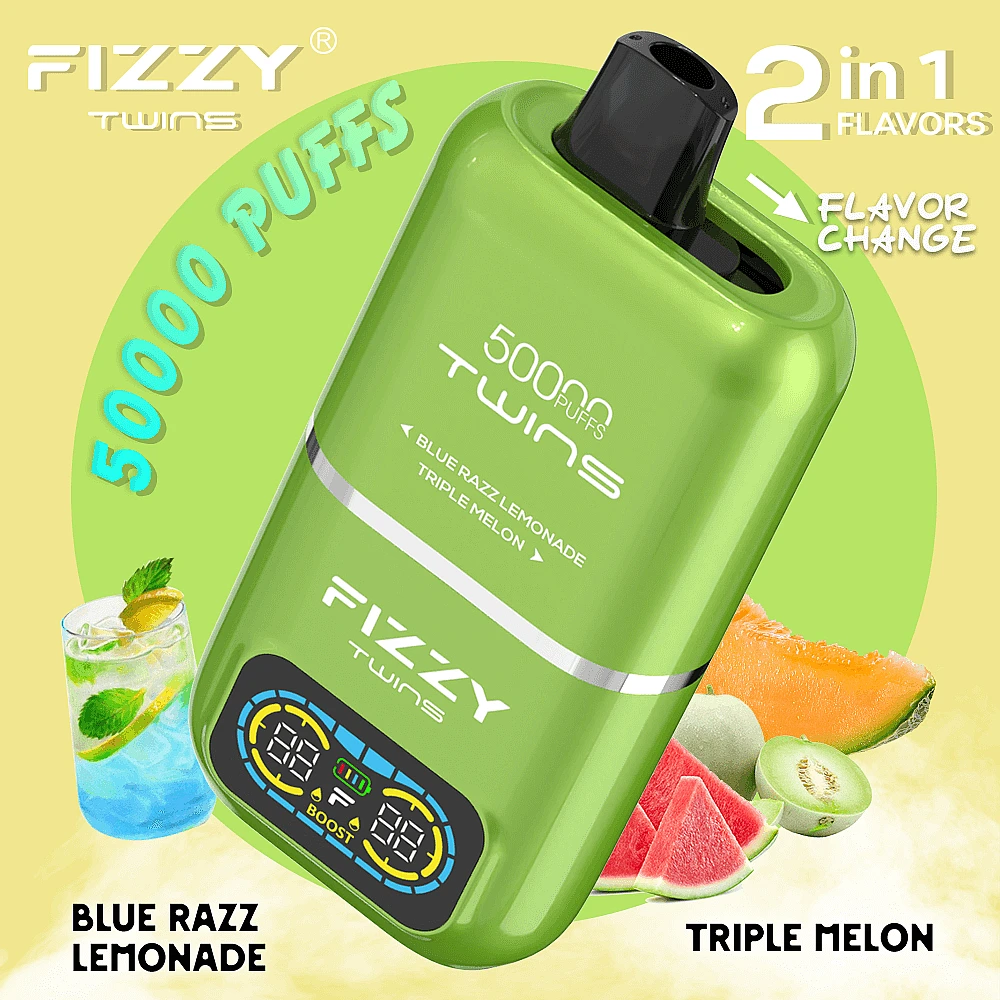 Ręce trzymające dwa różne e-papierosy jednorazowe, Fizzy Twins 50K (duży) i Xcor 23K (elegancki), symbolizujące wybór.