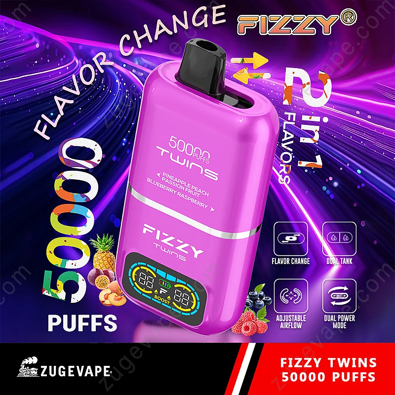 Schematyczny przekrój e-papierosa Fizzy Twins 20000, ilustrujący jego wewnętrzne komponenty: podwójną grzałkę mesh, dwa oddzielne zbiorniki na liquid oraz widoczny ekran LCD.