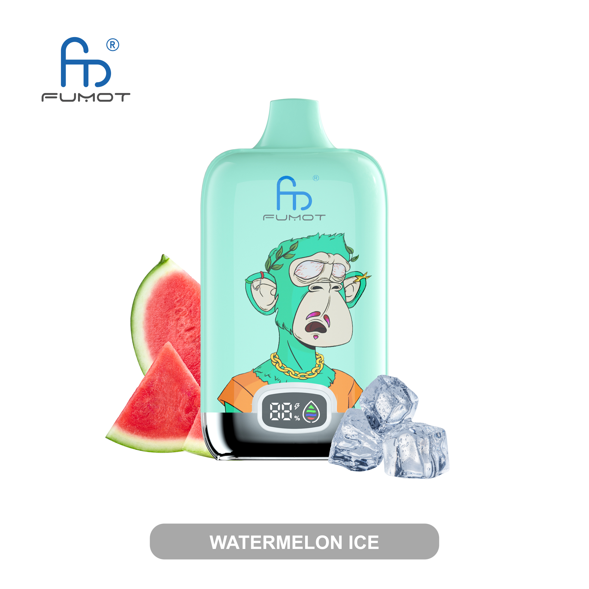 Jednorazowy e-papieros Fumot Lush Ice obok kawałków soczystego arbuza i kruszonego lodu.
