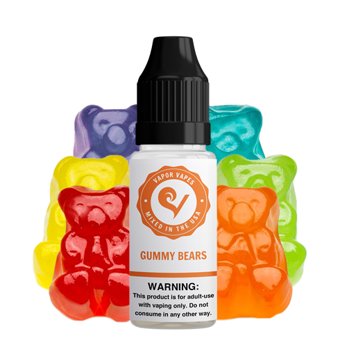 E-papieros Fumot Gummy Bear wśród kolorowych żelkowych misiów i owoców, sugerujących słodki smak.