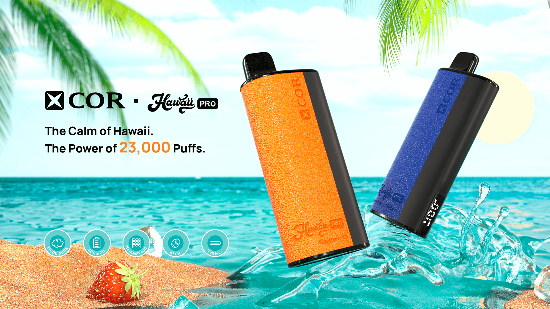 Zdjęcie e-papierosa XCOR Hawaii Pro 23000 Puffs o gładkich, obłych kształtach i tropikalnym gradiencie kolorów, przypominającym zachód słońca.