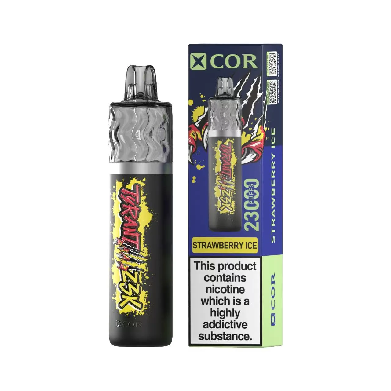 Zbliżenie na e-papieros XCOR Tyrant 23000 Puffs o agresywnych, kanciastych liniach i metalicznym wykończeniu, przypominający element myśliwca.