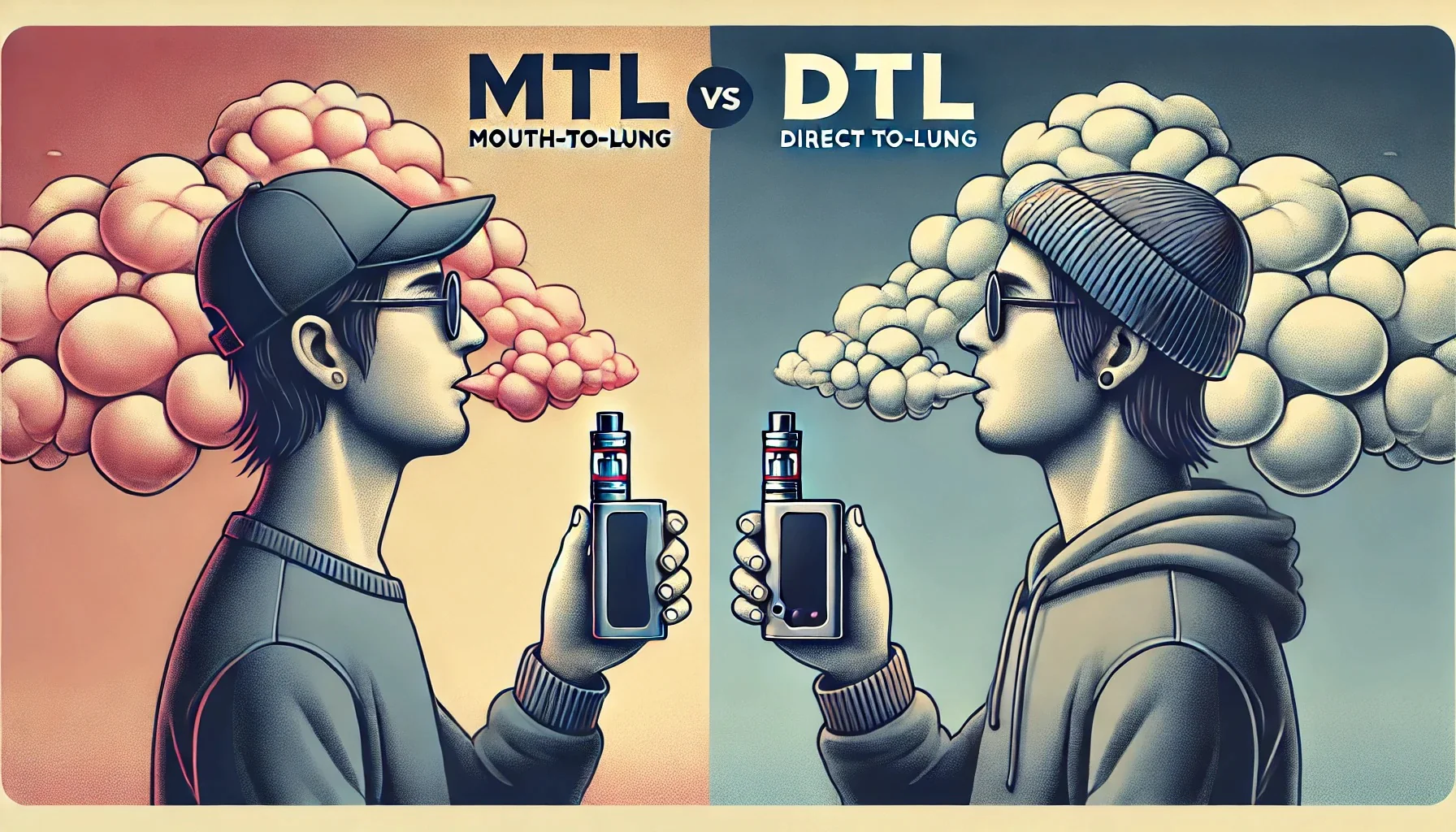 Ilustracja lub schemat przedstawiający różnicę między stylami wapowania MTL (Mouth To Lung) i DTL (Direct To Lung) w kontekście e-papierosa.